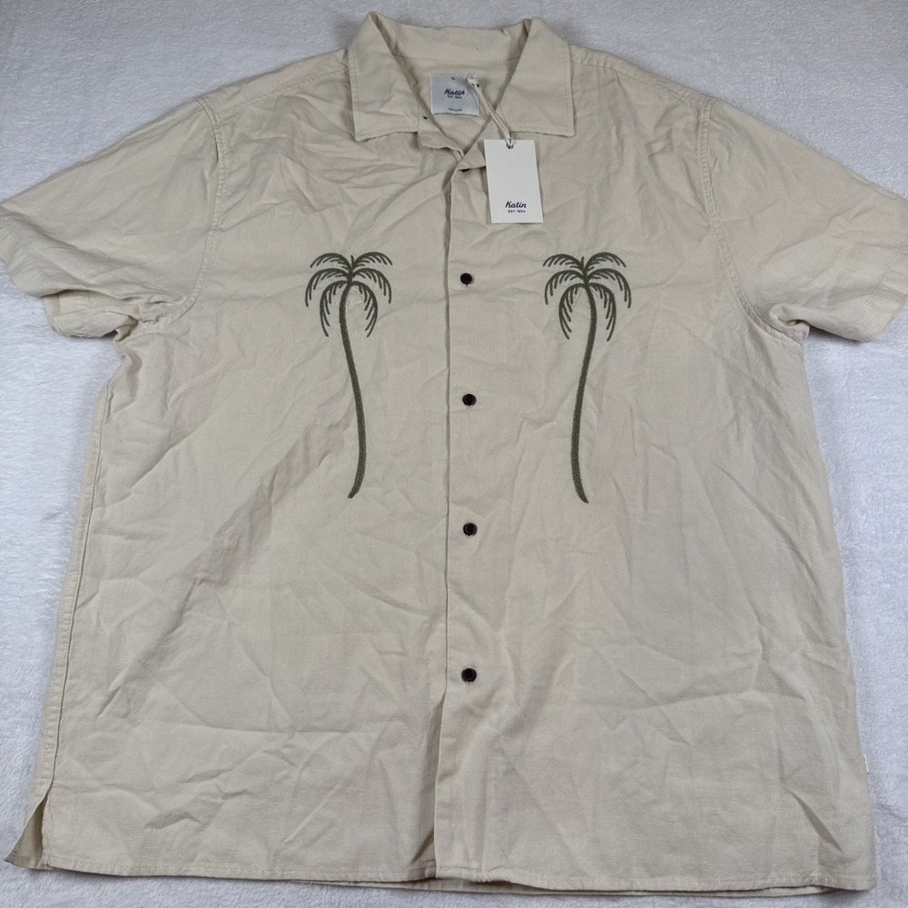 New KATIN BAHAMA Men's S/S Woven Linen Blend Shirt XL CREAM Embroidered NWT